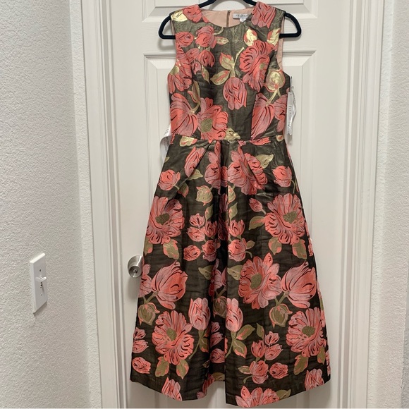 NWT KAY UNGER Anna Floral Print Sleeveless Crew Neck Pleated Tea Midi Dress - Picture 4 of 12
